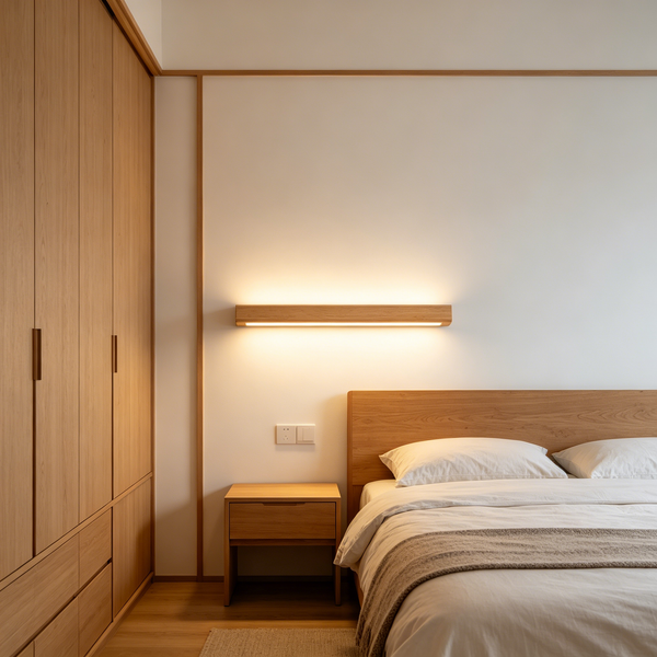 Nordic Minimalist Wooden Linear Wall Lamp – LED Bedside Background Light